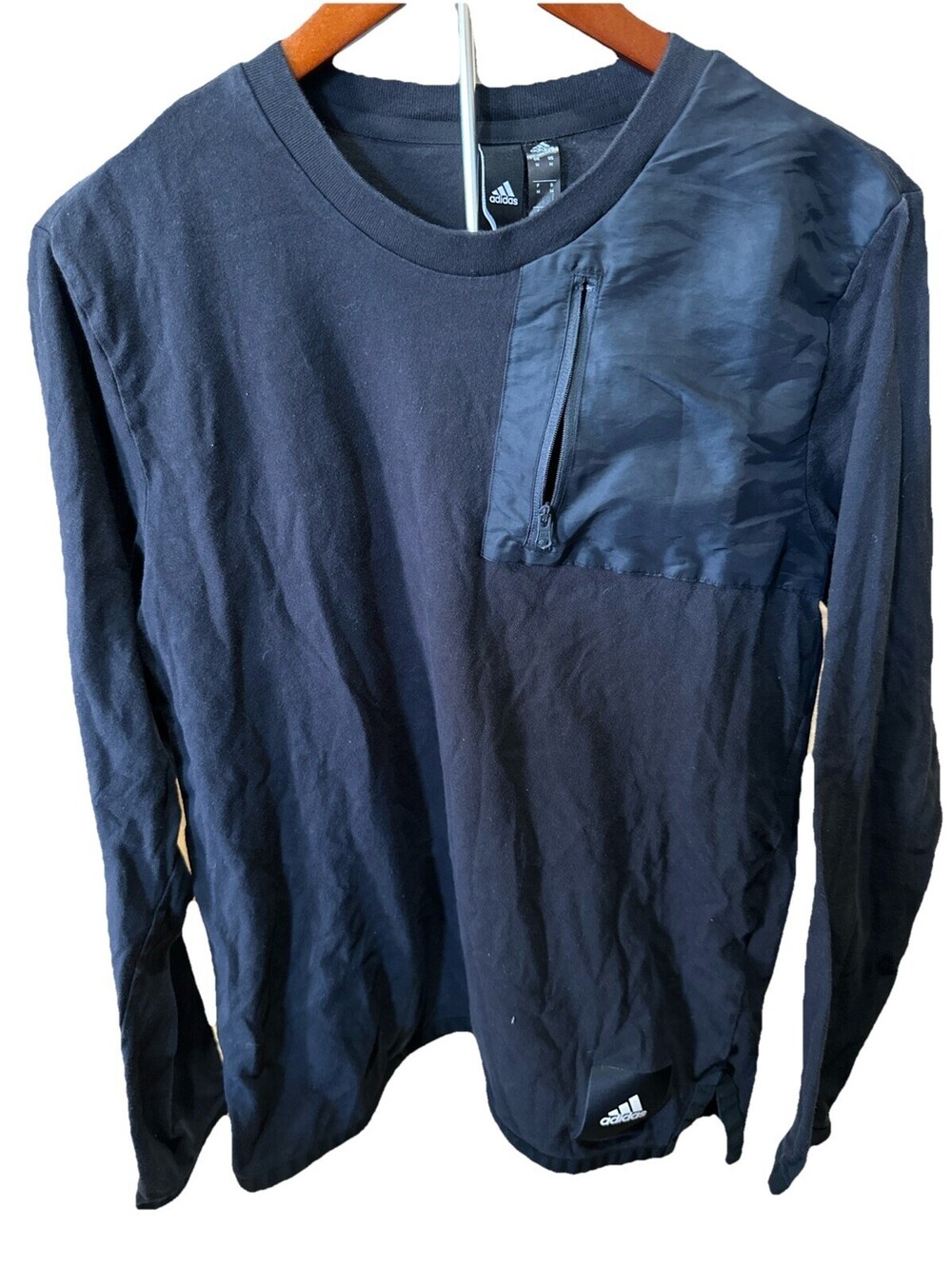 Adidas Long Sleeve Shirt Size Medium Black With Zipper Chest Pocket Athletic Fit